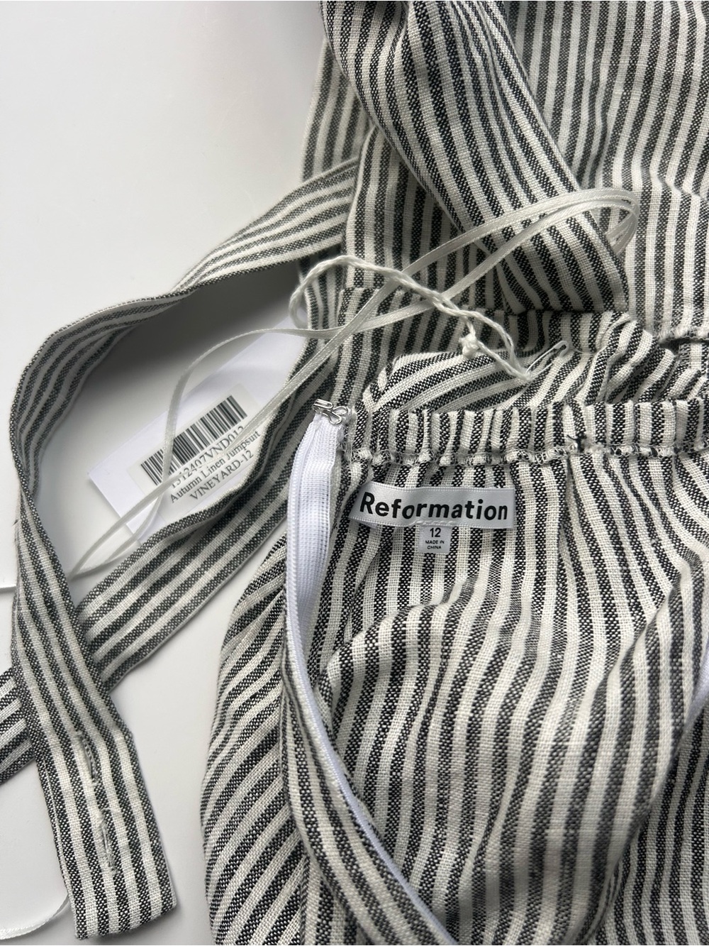 Reformation Autumn Linen Jumpsuit Vineyard Stripe Open Back Wide Leg Size 12 NWT - Picture 6 of 11